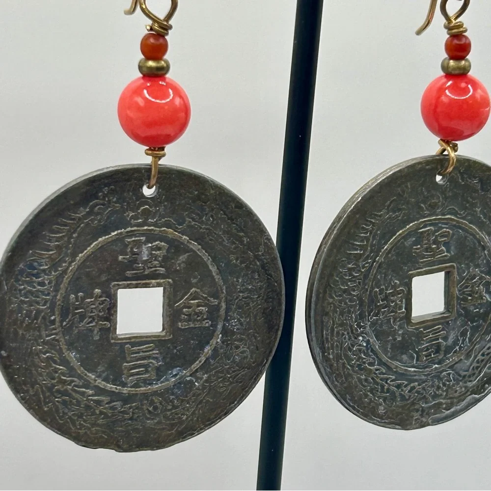 Vintage Asian Charm Coin Dangle Earrings